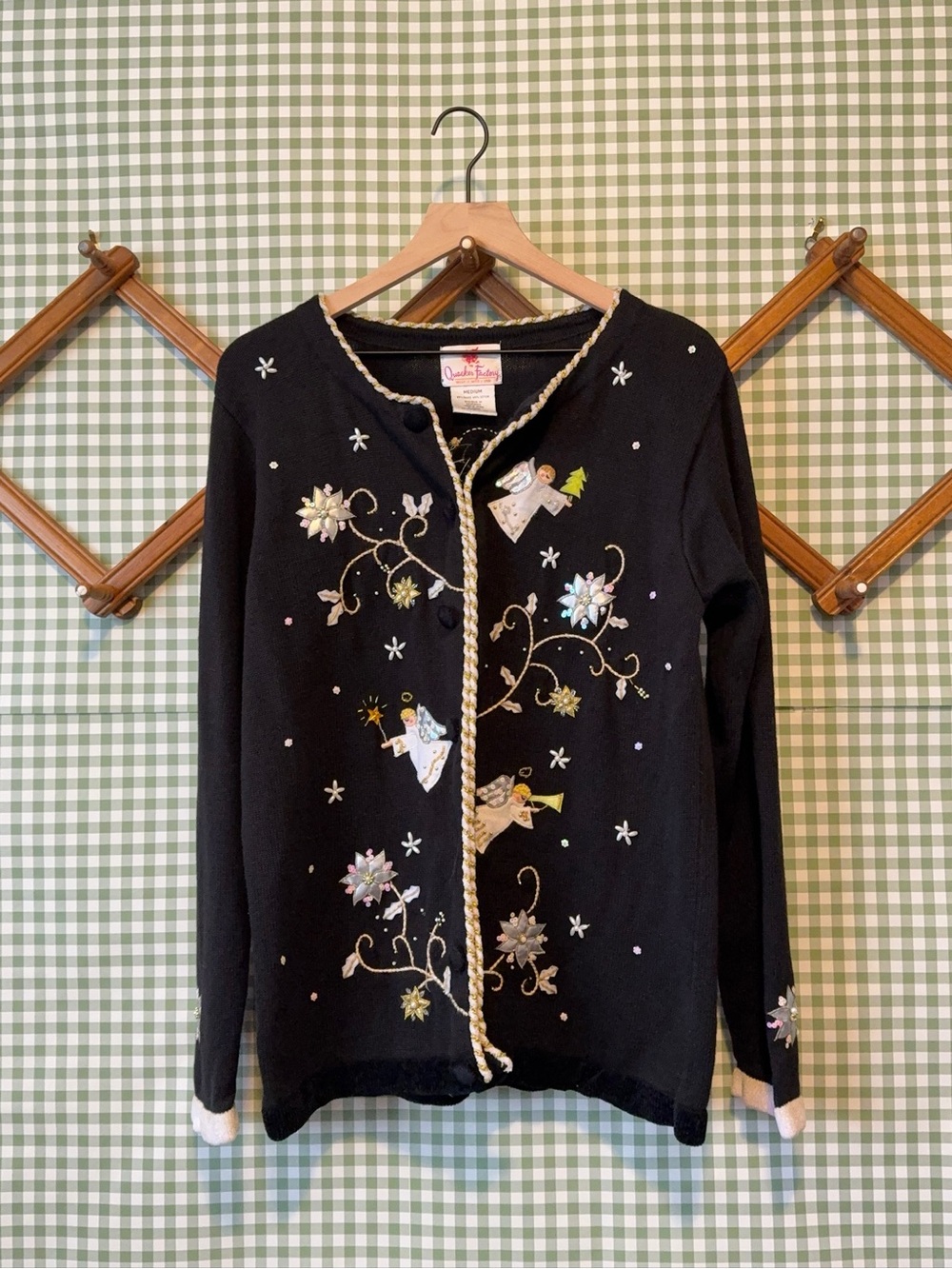 Vintage Christmas Quacker Factory Embroidered Angel Cardigan